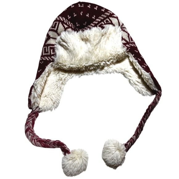 mukluks Accessories - Mukluks Fair Isle Trapper Hat with Pom Poms Burgundy White Faux Fur Lined
